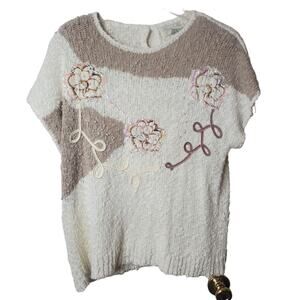 Margules Plus Vintage Cream Brown Floral Embroidered Boucle Knit Sweater Size 24